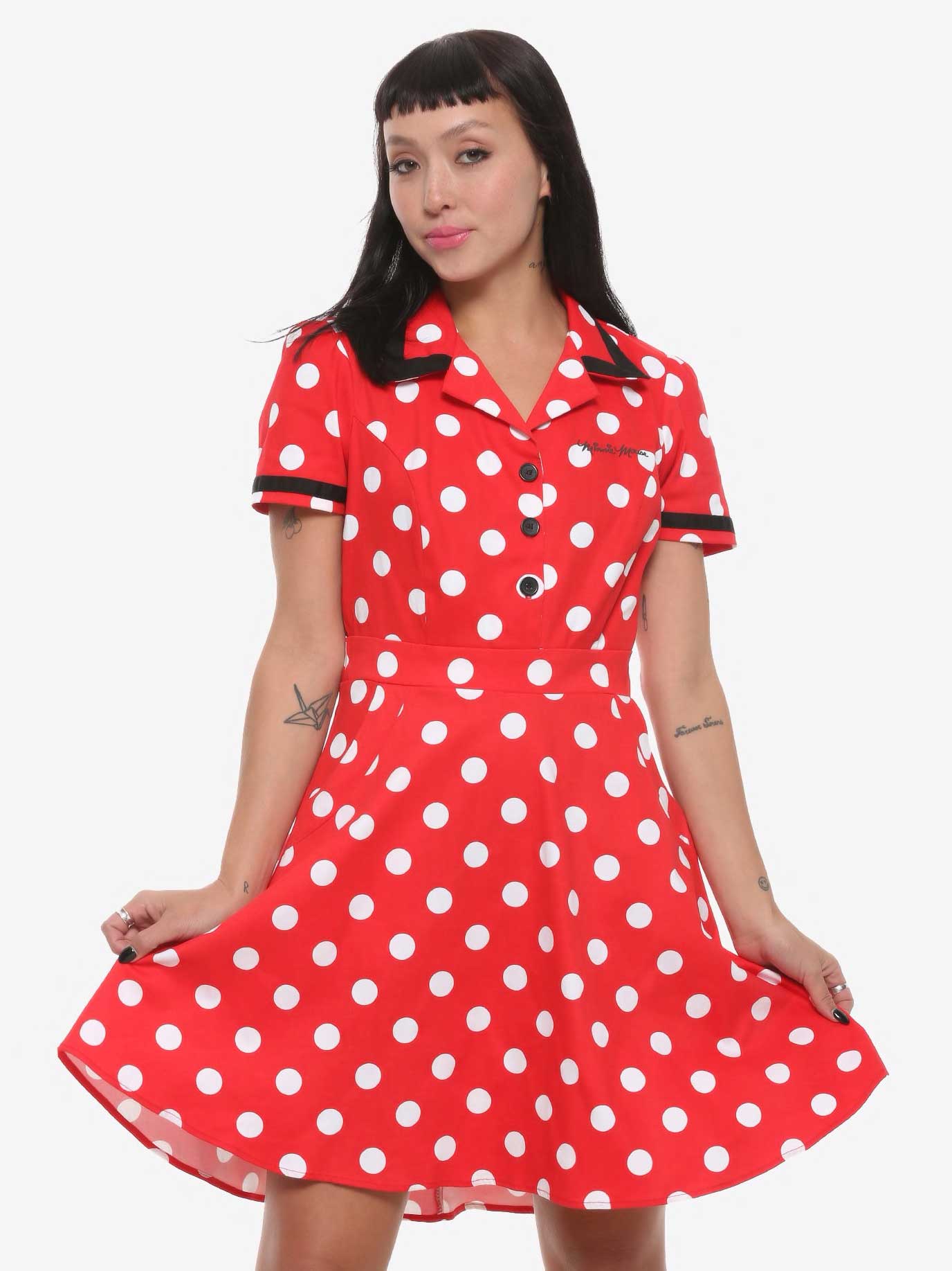 red retro dress with collar and white polka dots