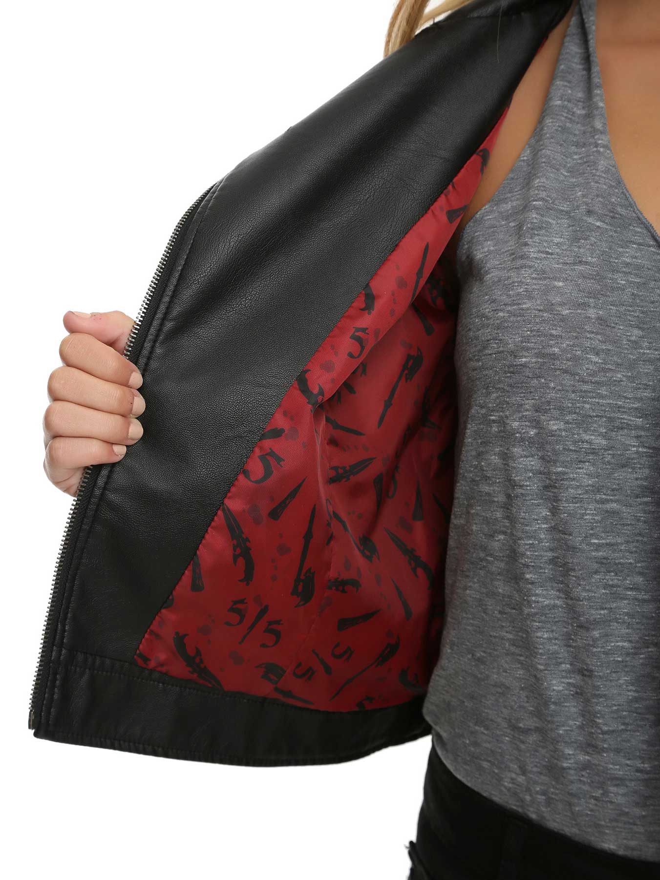 black leather jacket with red satin lining