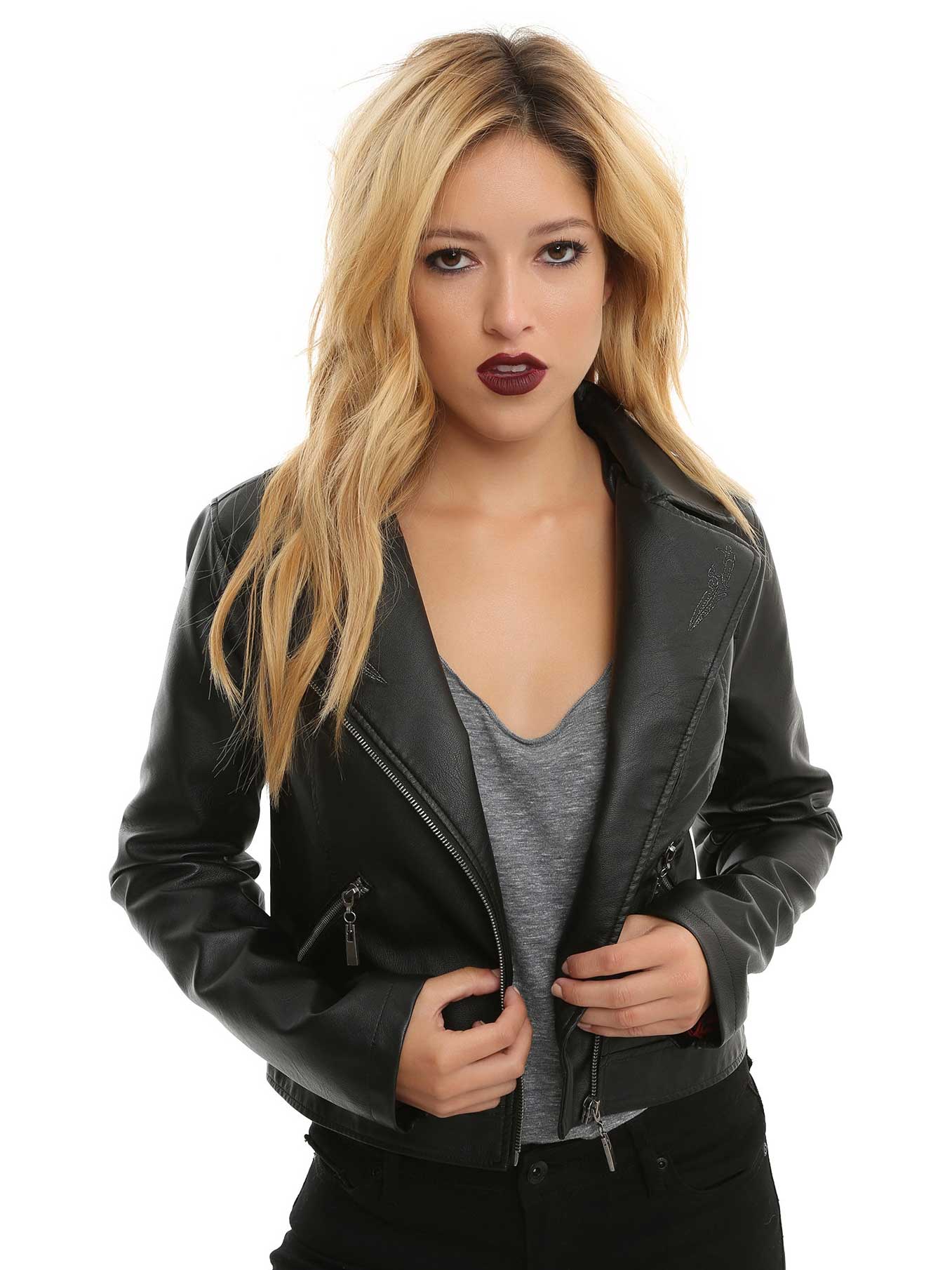black leather jacket with red satin lining