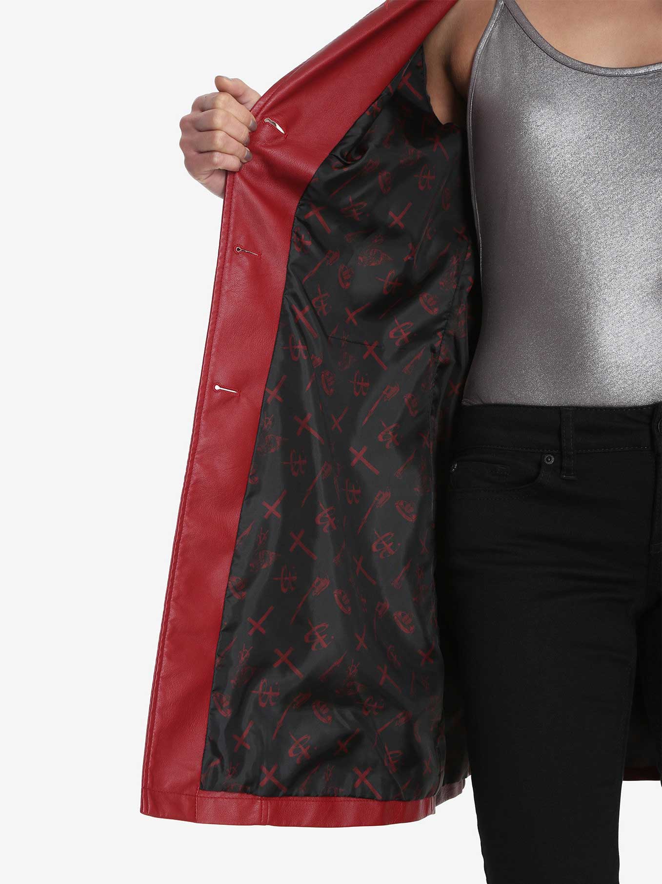 long red leather jacket with black satin lining