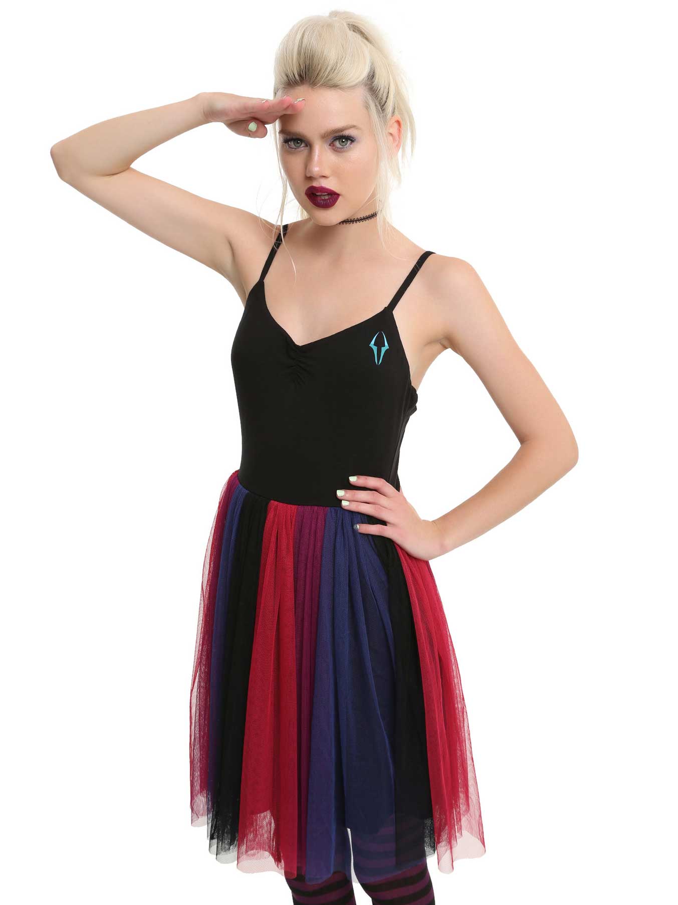 black tank dress with red and dark skirt