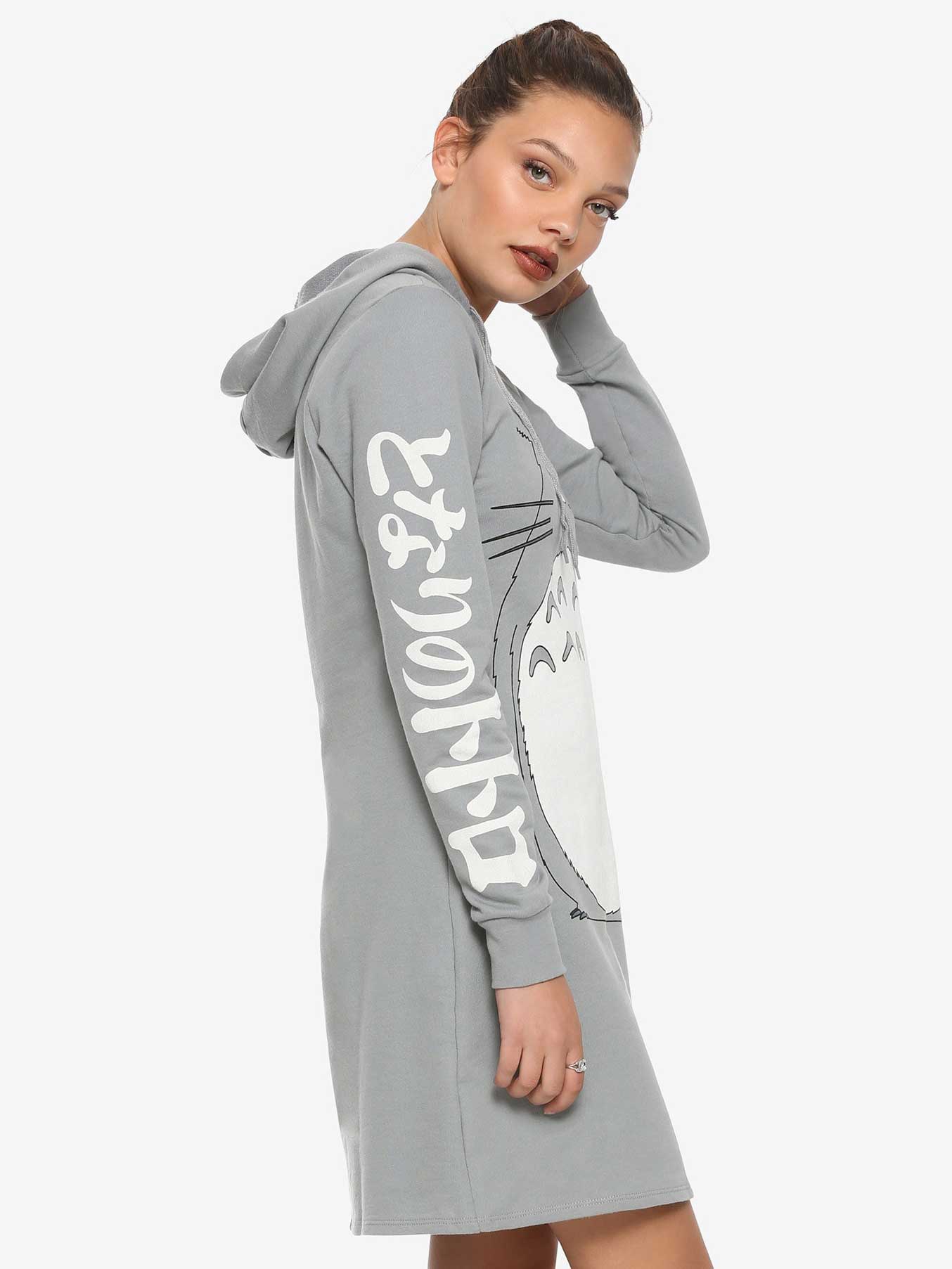 grey hoodie one piece dress with cat graphic