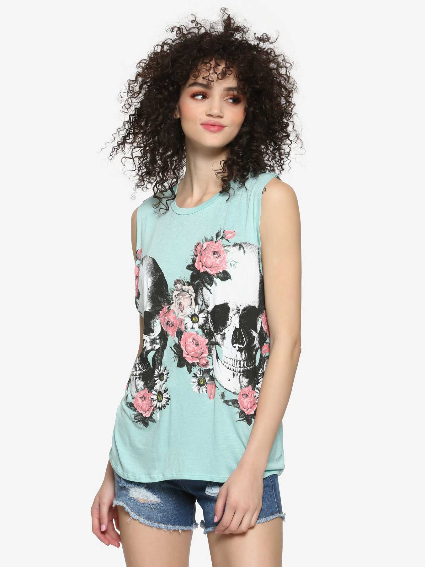 blue tank with flowers and skulls