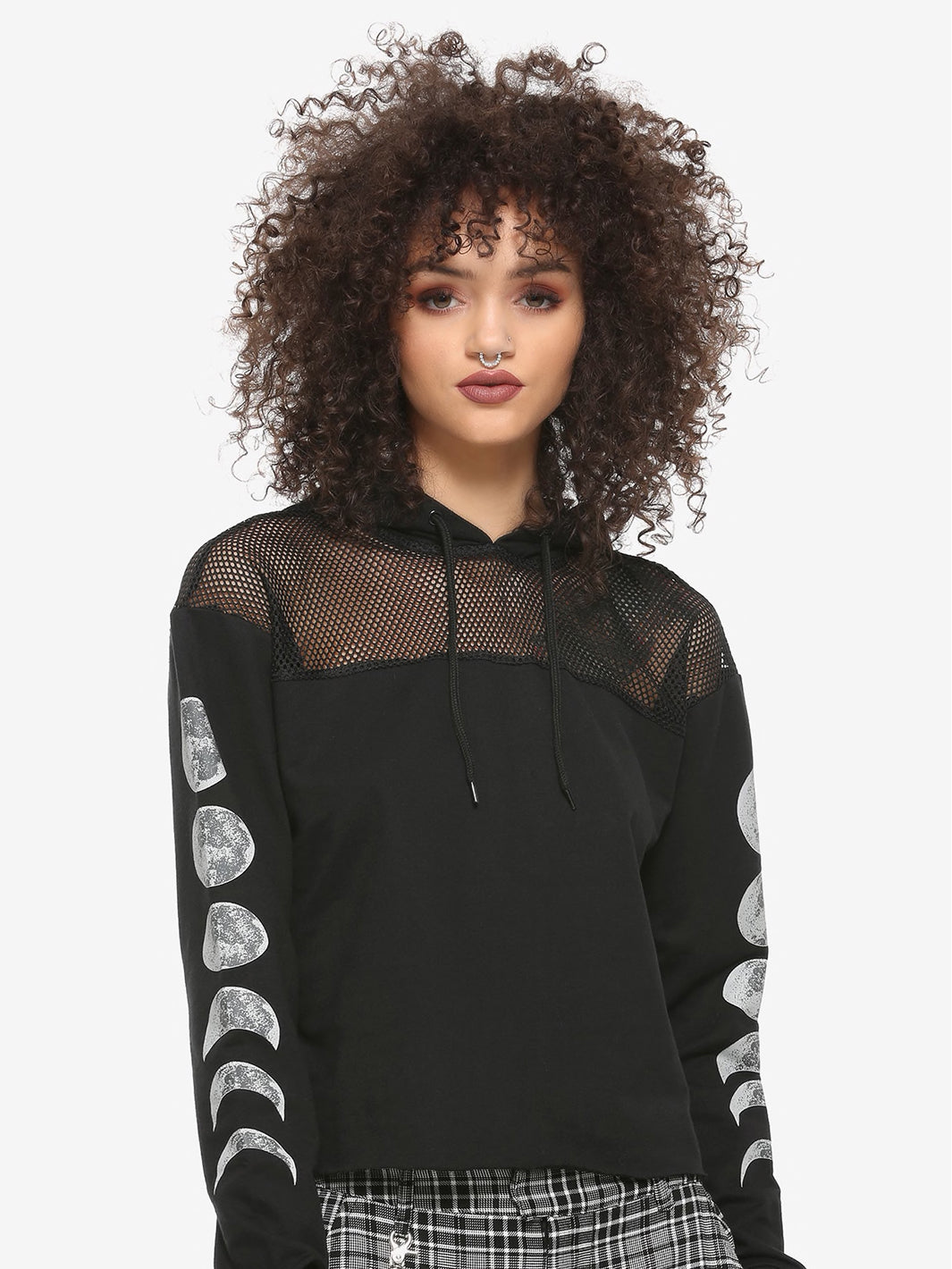 black hoodie with fishnet trim and moon phases on sleeves
