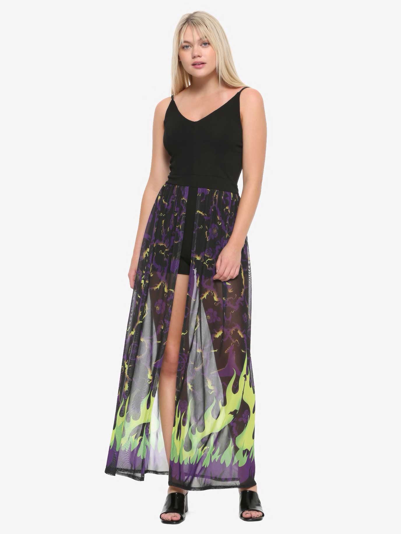 long sheer skirt with purple and green flames