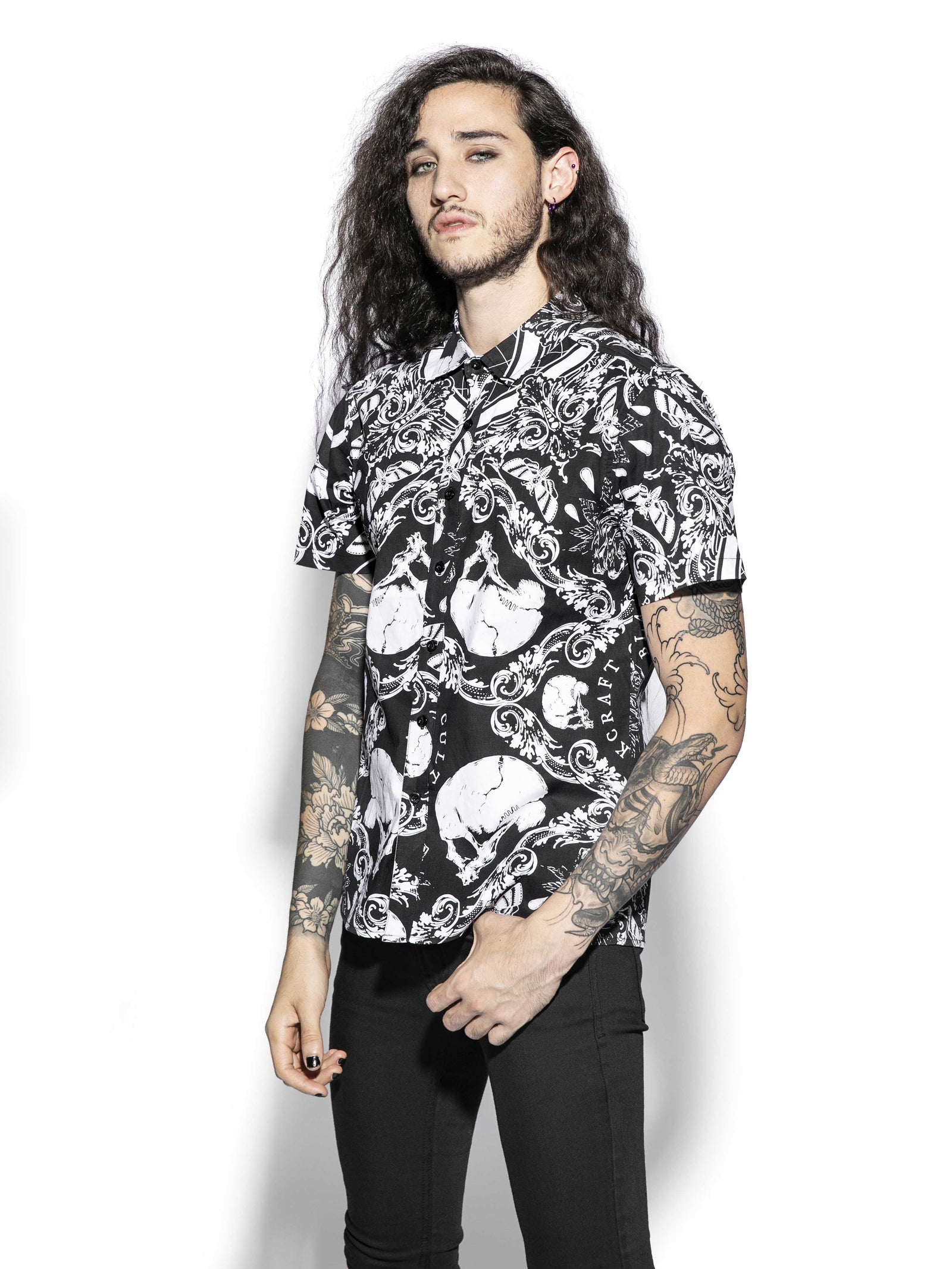 mens black shirt with fancy skulls