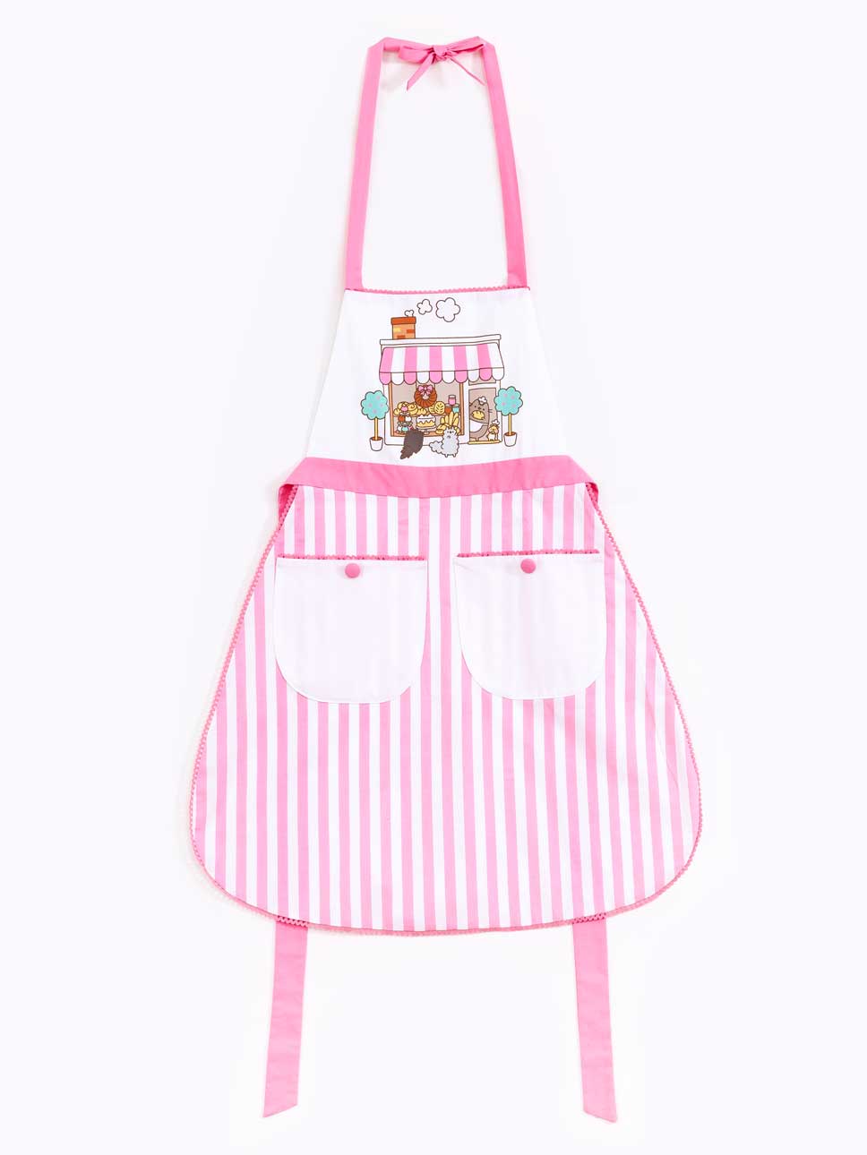 pink and white bakers apron