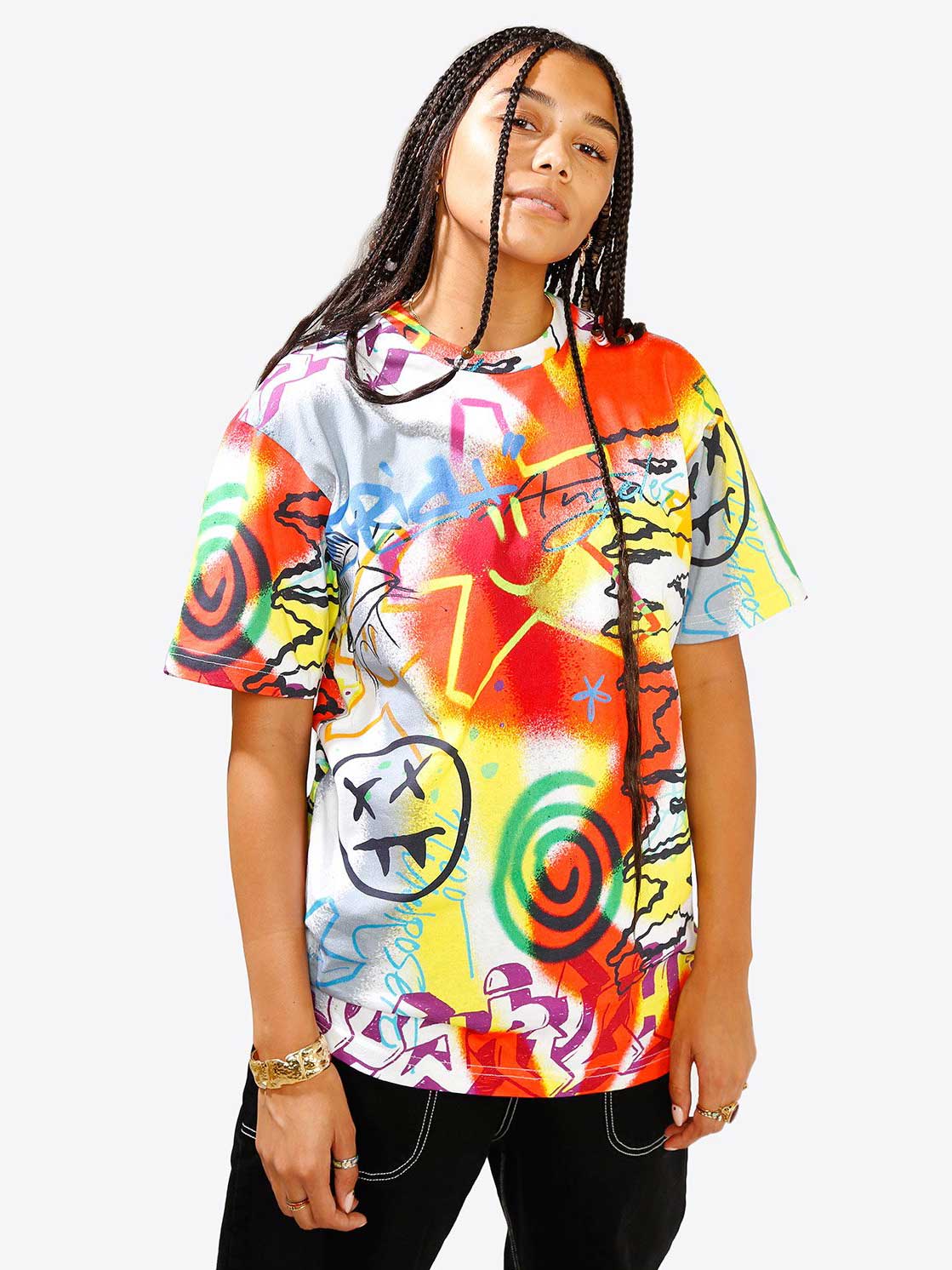 red and yellow graffiti shirt