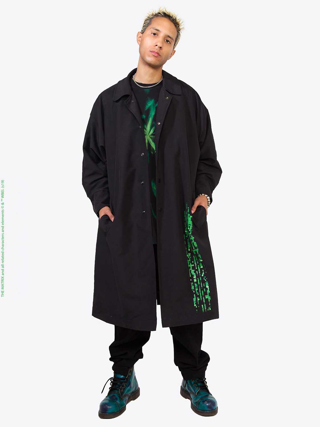 black trench coat with green print liner