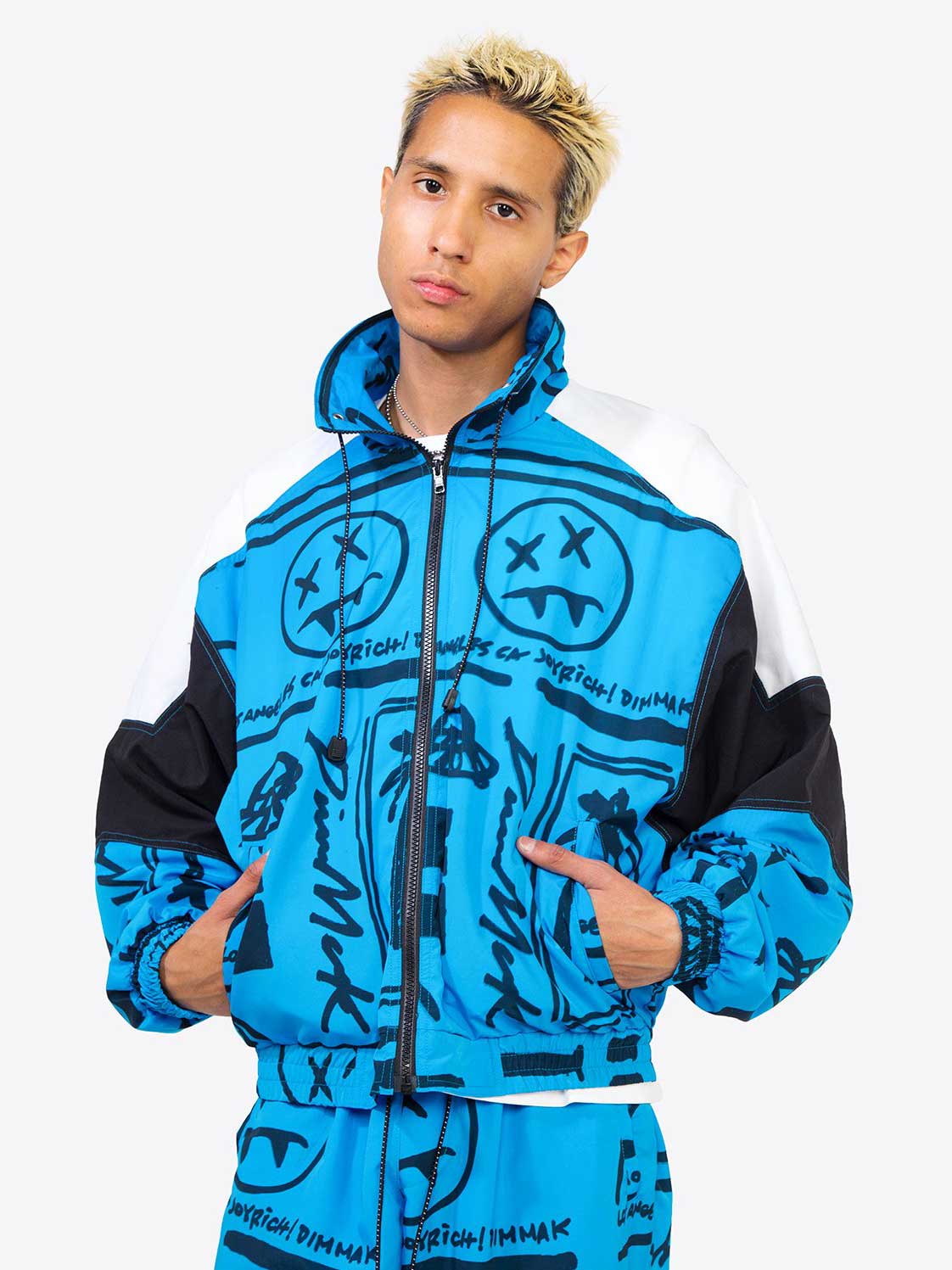 blue graphic zipper athletic jacket